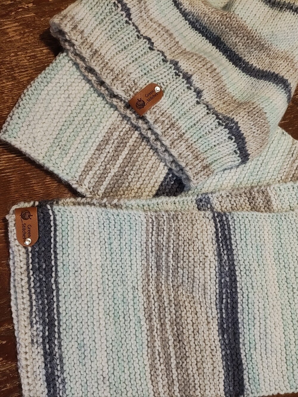 Handmade Striped Knit Scarf and Beanie Set - Mint, Beige & Gray